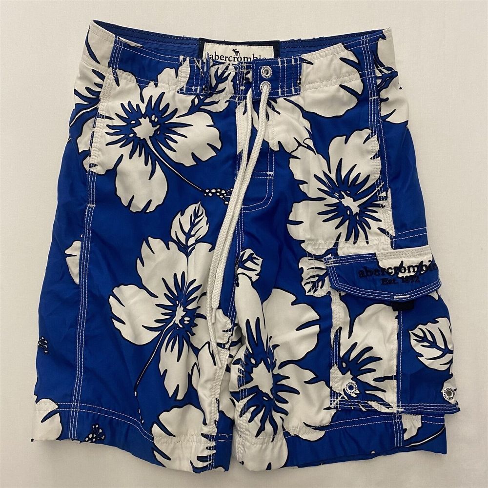 Abercrombie & Fitch‎ Boys MD 28 x 9" Blue Hibiscus Mesh Lined Boardshorts